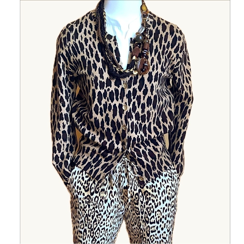 JONES NEW YORK Leopard Animal Print Striped Back Cotton Knit Cardigan M